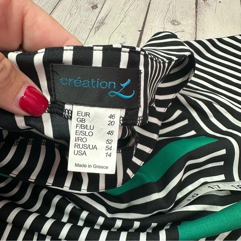 creation Striped Green Black tunic Top dolman sleeve sz 14 abstract asymetrical